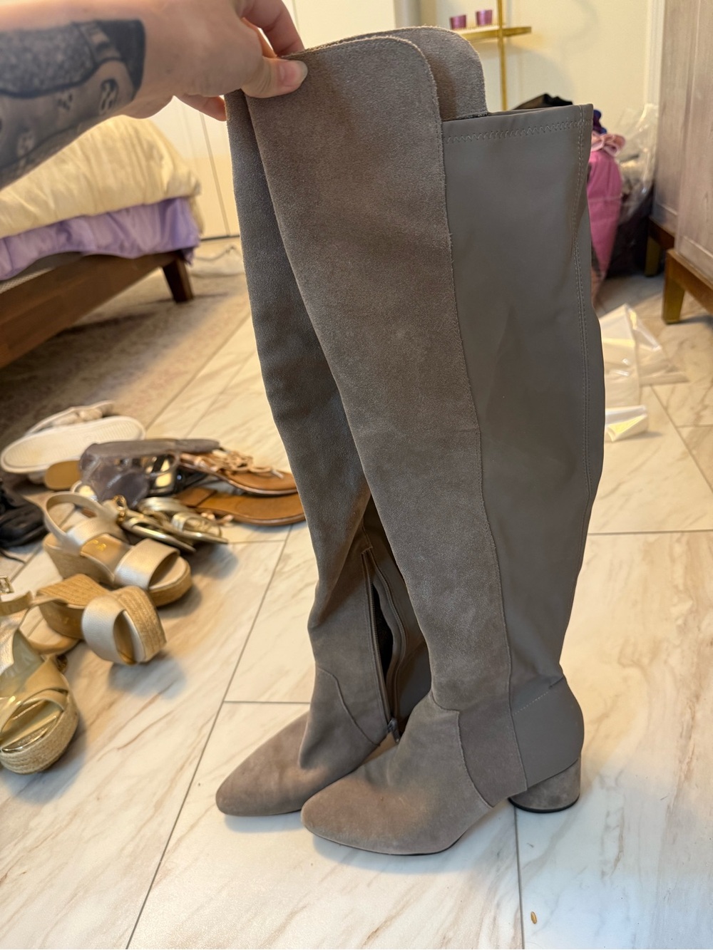 Tall Suede Over-The-Knee Boots in Taupe